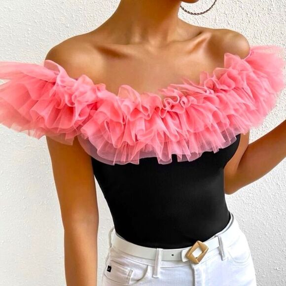 Balletcore Lolita Goth Pink Ruffled Off Shoulder Mesh Black Top - Picture 1 of 7